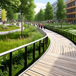 **Sustainable Urban Oasis:** A bustling, harmonious Scandinavian city scene showcasing integrated green spaces. People are enjoying lush parks, walking, and cycling on well-designed paths. Modern, aesthetically pleasing buildings with elements of wood and glass blend seamlessly with nature. The atmosphere is serene and vibrant, reflecting a focus on public health and sustainable living.