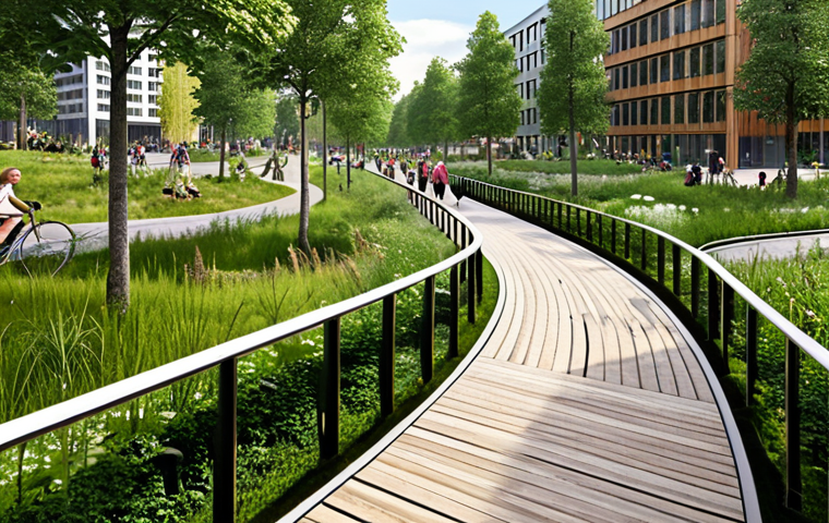 **Sustainable Urban Oasis:** A bustling, harmonious Scandinavian city scene showcasing integrated green spaces. People are enjoying lush parks, walking, and cycling on well-designed paths. Modern, aesthetically pleasing buildings with elements of wood and glass blend seamlessly with nature. The atmosphere is serene and vibrant, reflecting a focus on public health and sustainable living.
