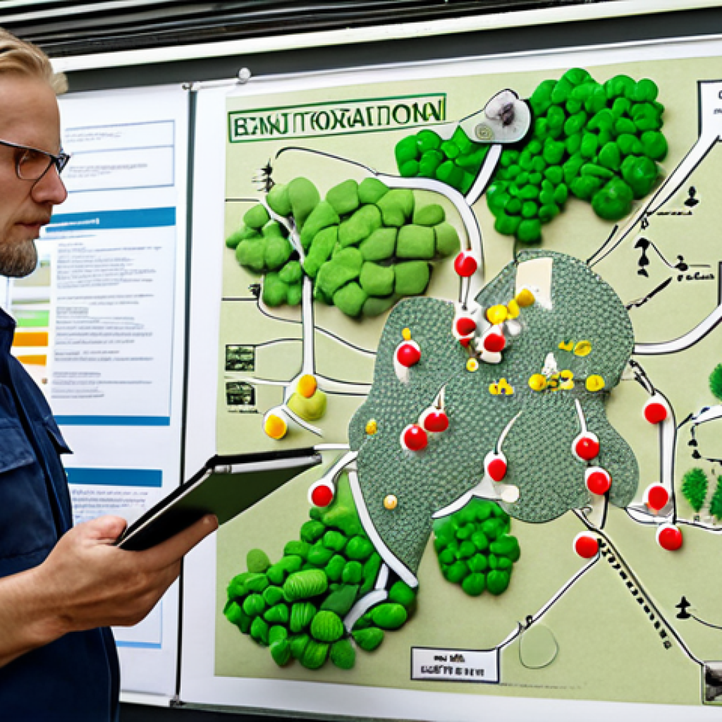 **A Swedish environmental inspector in a field inspecting a factory, focusing on emission laws, with a mind map visualizing environmental legislation in the background.** (Focuses on environmental legislation and practical application)