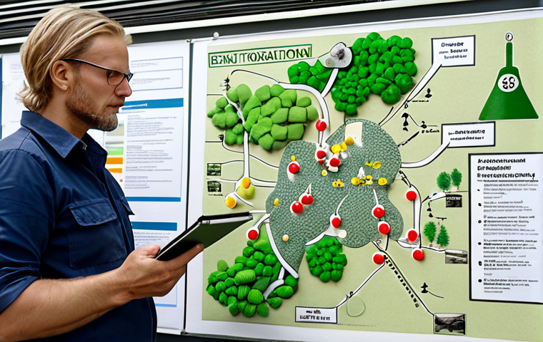 **A Swedish environmental inspector in a field inspecting a factory, focusing on emission laws, with a mind map visualizing environmental legislation in the background.** (Focuses on environmental legislation and practical application)