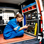 **Image Prompt:** A vibrant, close-up shot inside a "prylambulans" (electronics repair van) parked on a cobblestone street in Stockholm's Gamla Stan (Old Town). A skilled technician, wearing a modern yet slightly quirky uniform, is carefully repairing a smartphone with specialized tools. Scattered around are spare parts and circuit boards, with organized storage solutions maximizing space. The overall feeling is one of skilled craftsmanship, sustainability, and a touch of Swedish design aesthetic.