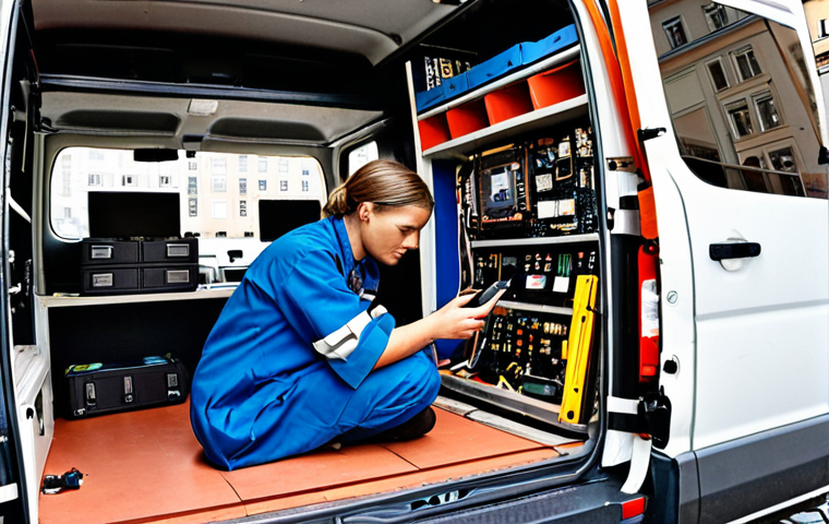 **Image Prompt:** A vibrant, close-up shot inside a "prylambulans" (electronics repair van) parked on a cobblestone street in Stockholm's Gamla Stan (Old Town). A skilled technician, wearing a modern yet slightly quirky uniform, is carefully repairing a smartphone with specialized tools. Scattered around are spare parts and circuit boards, with organized storage solutions maximizing space. The overall feeling is one of skilled craftsmanship, sustainability, and a touch of Swedish design aesthetic.